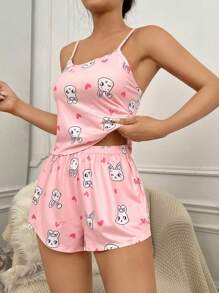 3組櫻桃&卡通圖案吊帶背心和短褲睡衣套裝 - 白色 - 查看 9