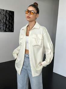 SHEIN EZwear 翻蓋口袋落肩袖襯衫 - 米色 - 查看 3