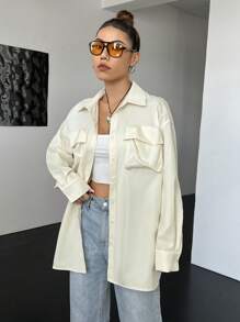 SHEIN EZwear 翻蓋口袋落肩袖襯衫 - 米色 - 查看 4