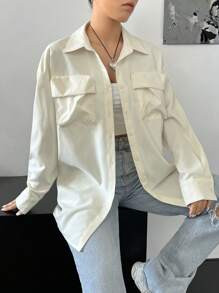 SHEIN EZwear 翻蓋口袋落肩袖襯衫 - 米色 - 查看 5