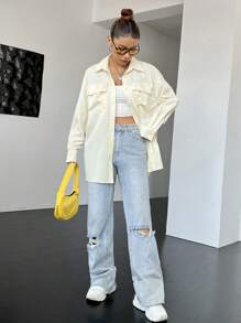 SHEIN EZwear 翻蓋口袋落肩袖襯衫 - 米色 - 查看 6