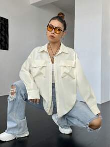 SHEIN EZwear 翻蓋口袋落肩袖襯衫 - 米色 - 查看 7