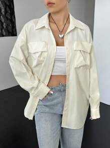 SHEIN EZwear 翻蓋口袋落肩袖襯衫 - 米色 - 查看 8