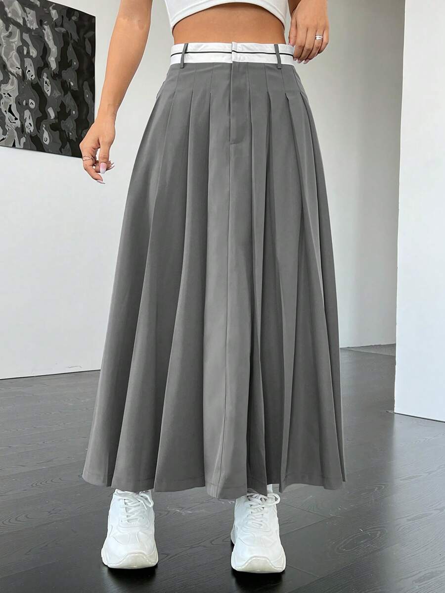 SHEIN EZwear 素色百褶半身裙 - 灰色 - 查看 1