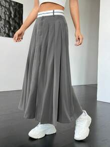 SHEIN EZwear 素色百褶半身裙 - 灰色 - 查看 5