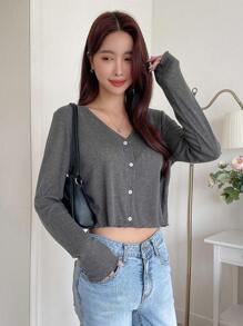 DAZY 纯色纽扣前短款T恤 夏季学院风上衣 长袖女式上衣 - 灰色 - 查看 4