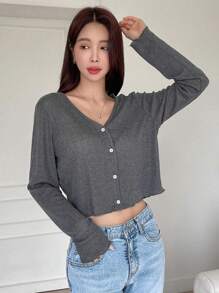 DAZY 纯色纽扣前短款T恤 夏季学院风上衣 长袖女式上衣 - 灰色 - 查看 5