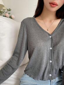 DAZY 纯色纽扣前短款T恤 夏季学院风上衣 长袖女式上衣 - 灰色 - 查看 6