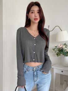 DAZY 纯色纽扣前短款T恤 夏季学院风上衣 长袖女式上衣 - 灰色 - 查看 8