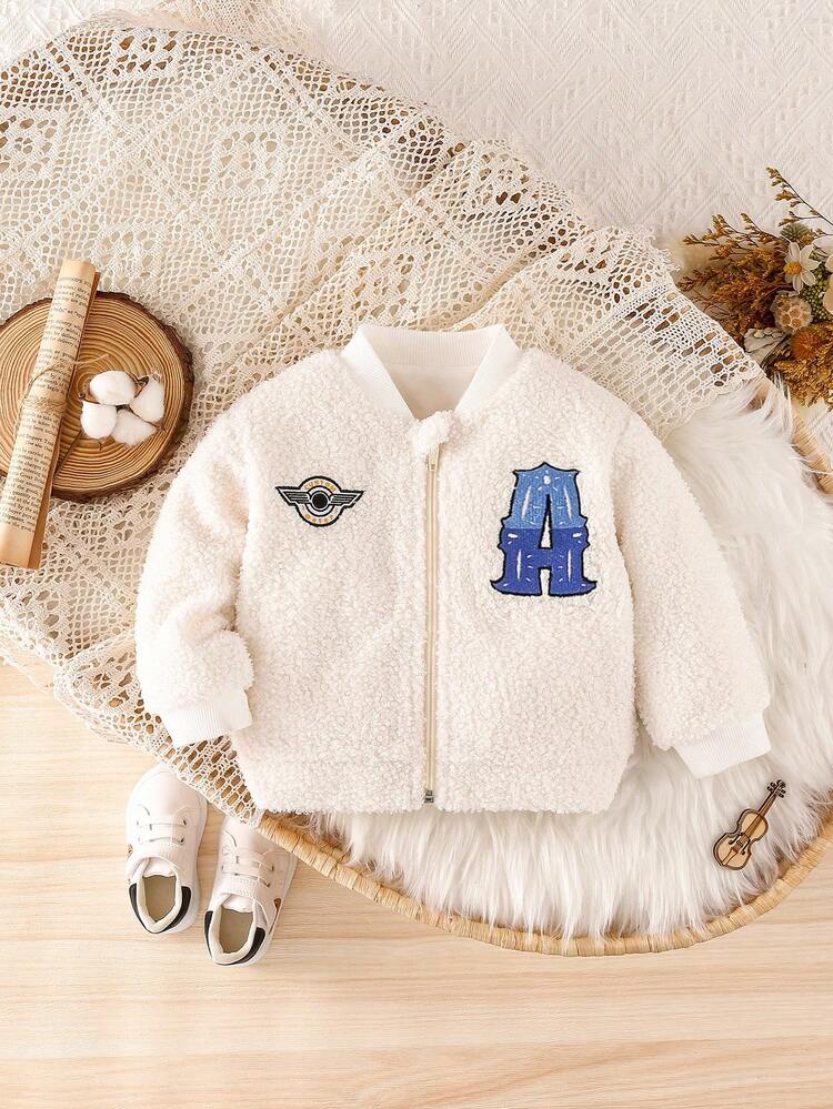 Baby Girl Letter Embroidery Zip Up Teddy Bomber Jacket