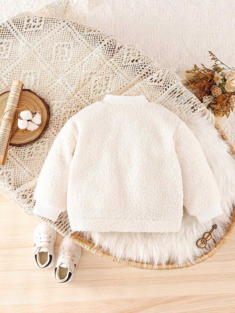 Baby Girl Letter Embroidery Zip Up Teddy Bomber Jacket