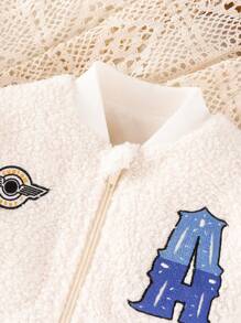 SHEIN Baby Girl Letter Embroidery Zip Up Teddy Bomber Jacket