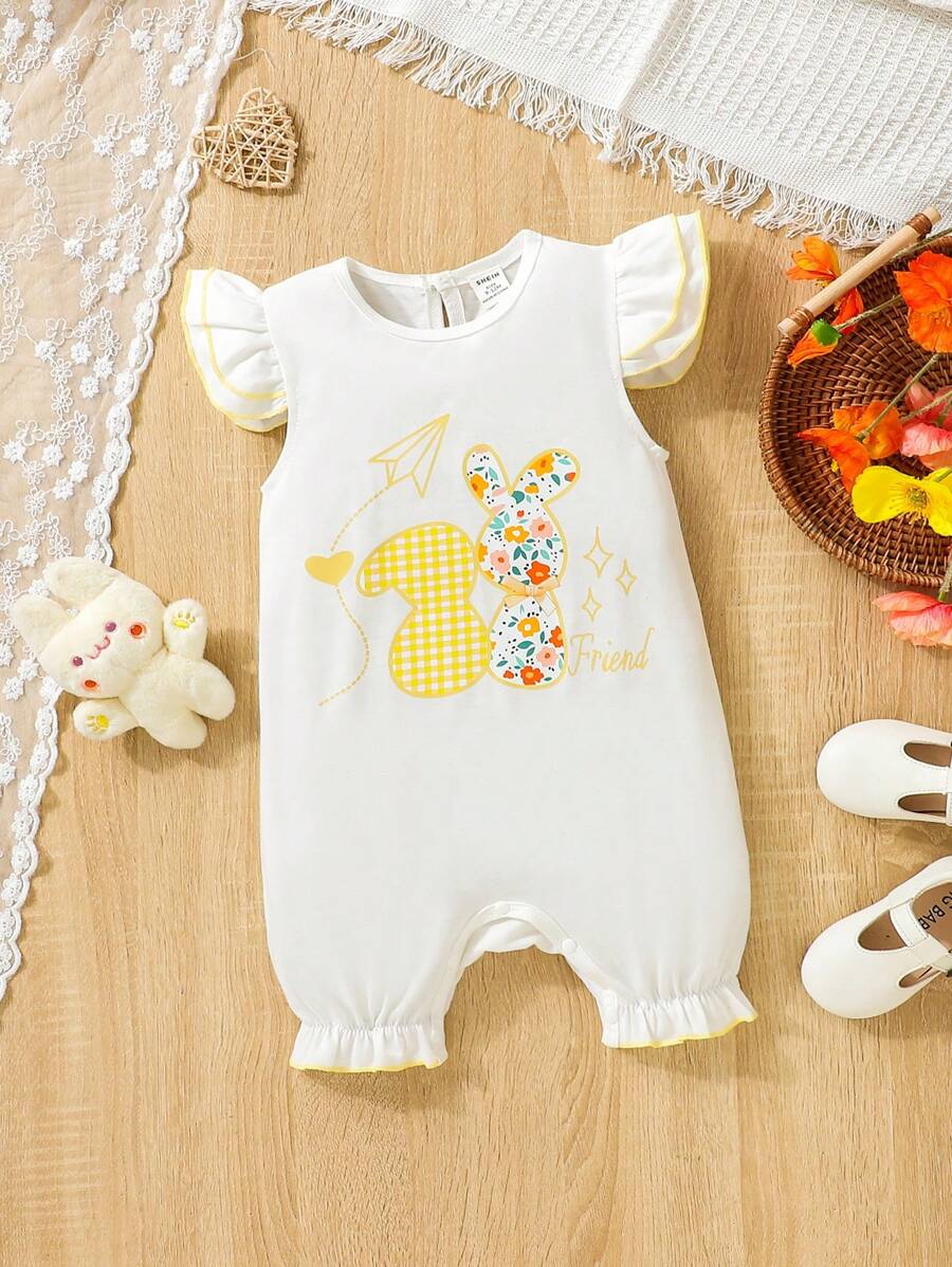 SHEIN 女嬰兔子&印花荷葉邊連身短褲 - 杏色 - 查看 1