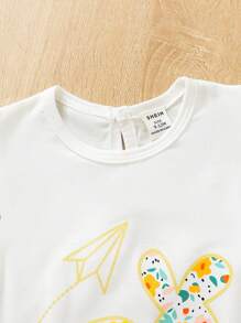 SHEIN 女嬰兔子&印花荷葉邊連身短褲 - 杏色 - 查看 3