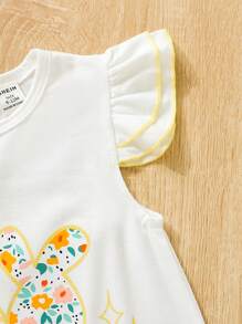 SHEIN 女嬰兔子&印花荷葉邊連身短褲 - 杏色 - 查看 4