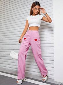 SHEIN EZwear 愛心刺繡下擺開叉牛仔褲 - 粉色 - 查看 1