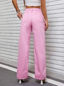 SHEIN EZwear 愛心刺繡下擺開叉牛仔褲 - 粉色 - 查看 2