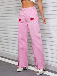 SHEIN EZwear 愛心刺繡下擺開叉牛仔褲 - 粉色 - 查看 4