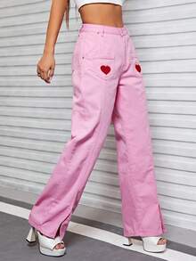 SHEIN EZwear 愛心刺繡下擺開叉牛仔褲 - 粉色 - 查看 5