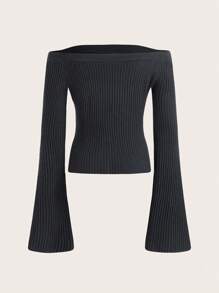 ROMWE Grunge Punk 一字肩喇叭袖套頭毛衣 - 深灰色 - 查看 2