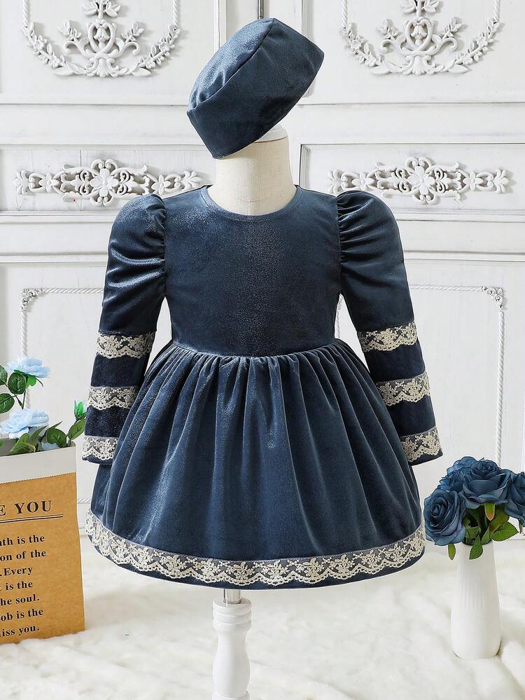 Baby Girl Contrast Lace Puff Sleeve Dress With Hat