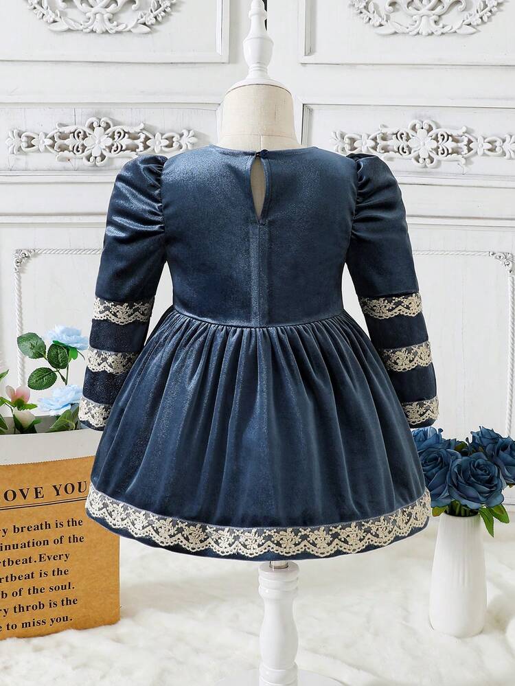 Baby Girl Contrast Lace Puff Sleeve Dress With Hat