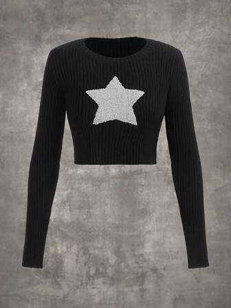 Grunge Punk Star Pattern Crop Sweater