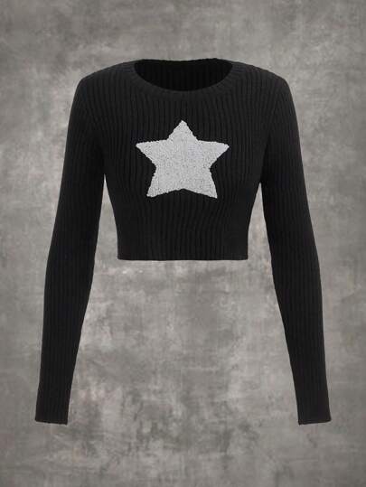 Grunge Punk Star Pattern Crop Sweater