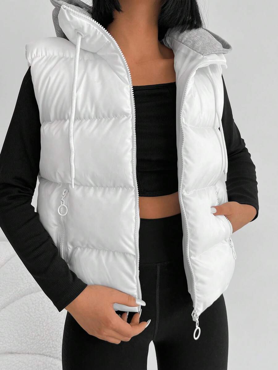 EURMUSE Dây kéo áo có mũ Áo khoác Vest Puffer - trắng - Xem 1