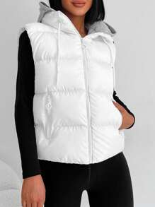 EURMUSE Dây kéo áo có mũ Áo khoác Vest Puffer - trắng - Xem 4
