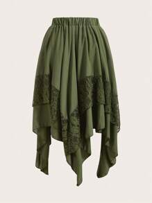 ROMWE Fairycore 文艺复兴撞色蕾丝手帕下摆半身裙，女士休闲不对称，撞色蕾丝长款宽松高腰绿色素色女裙，春夏，休闲日常穿着