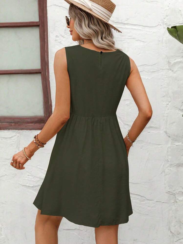 SHEIN VCAY Graphic Embroidery Sleeveless A-line Dress - Army Green - View 2