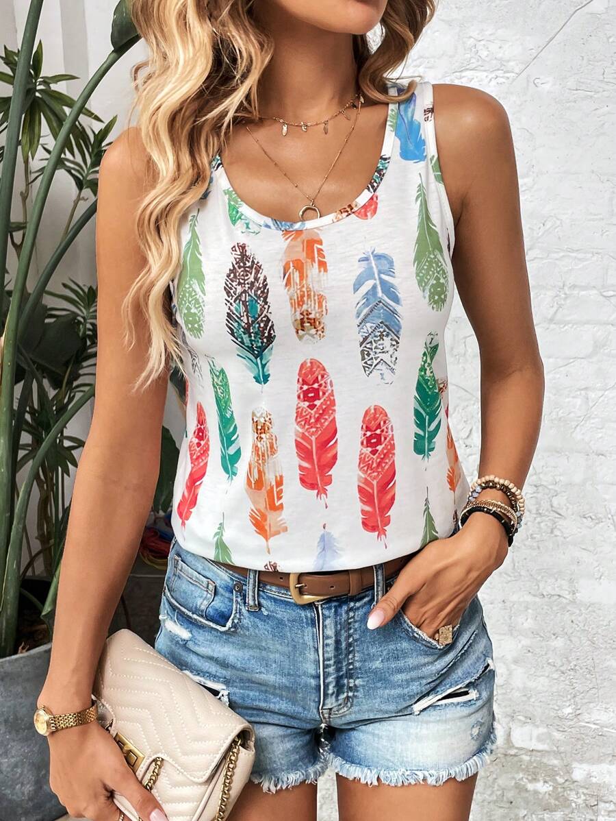 SHEIN LUNE Top tank con estampado de pluma - Multicolor - Ver 1