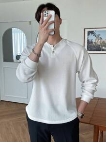 DAZY Camiseta de manga larga con cuello de botones a la mitad, de punto de gofre blanco con mangas raglán para hombre, otoño e invierno - Blanco - Ver 3