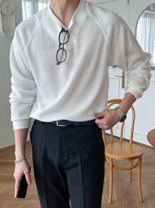 DAZY Camiseta de manga larga con cuello de botones a la mitad, de punto de gofre blanco con mangas raglán para hombre, otoño e invierno - Blanco - Ver 5