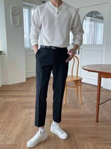 DAZY Camiseta de manga larga con cuello de botones a la mitad, de punto de gofre blanco con mangas raglán para hombre, otoño e invierno - Blanco - Ver 7