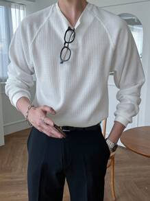 DAZY Camiseta de manga larga con cuello de botones a la mitad, de punto de gofre blanco con mangas raglán para hombre, otoño e invierno - Blanco - Ver 8