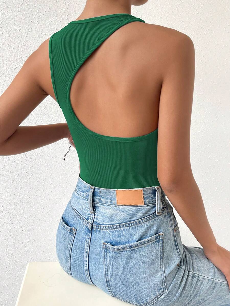 SHEIN Privé Solid Ribbed Knit Tank Top - Dark Green - View 1