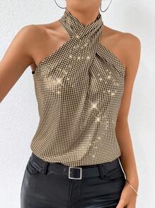 Allurite Glitter Criss Cross Halter Neck Top - Gold - View 1