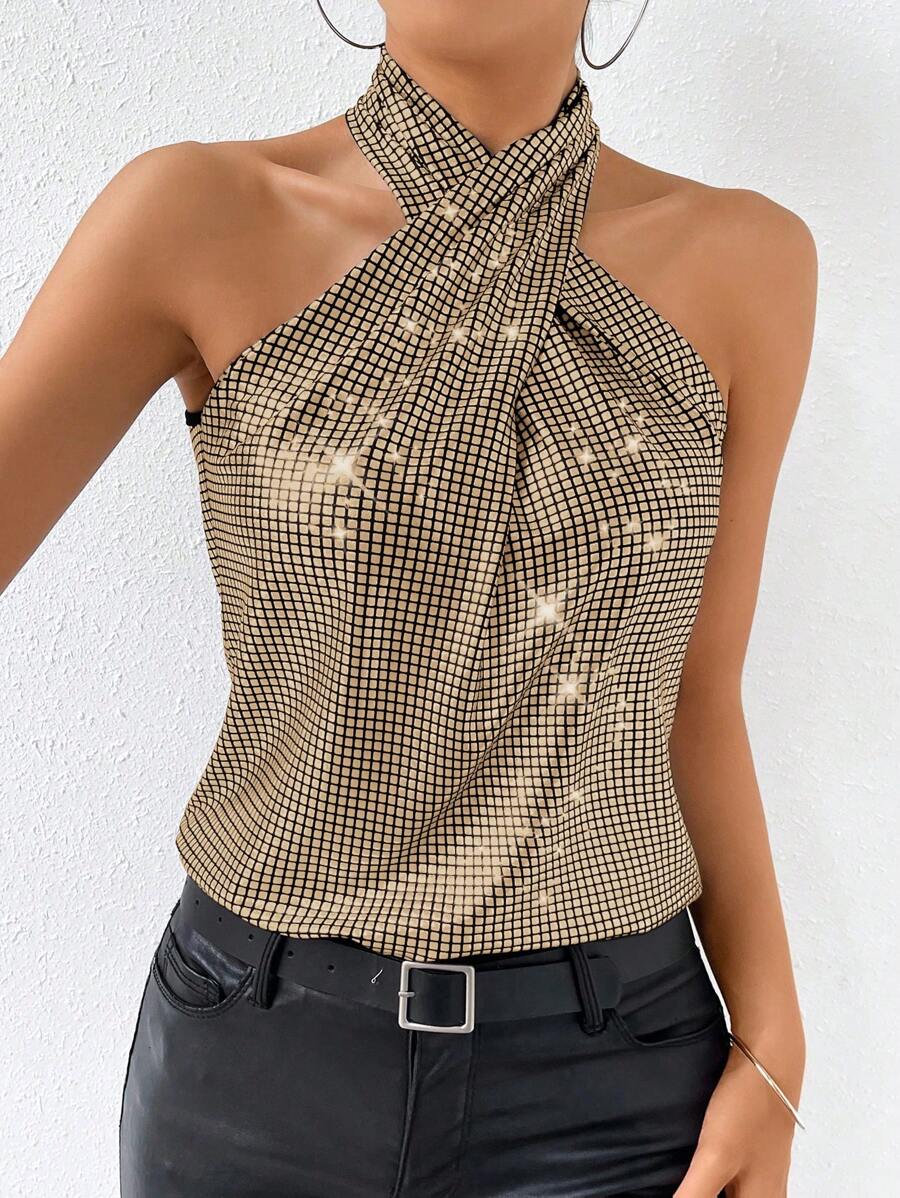 Allurite Glitter Criss Cross Halter Neck Top - Gold - View 1