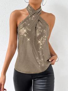 Allurite Glitter Criss Cross Halter Neck Top - Gold - View 3