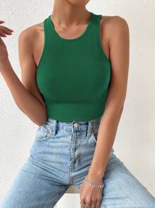 SHEIN Privé Solid Ribbed Knit Tank Top - Dark Green - View 5