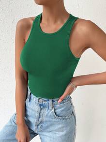 SHEIN Privé Solid Ribbed Knit Tank Top - Dark Green - View 6