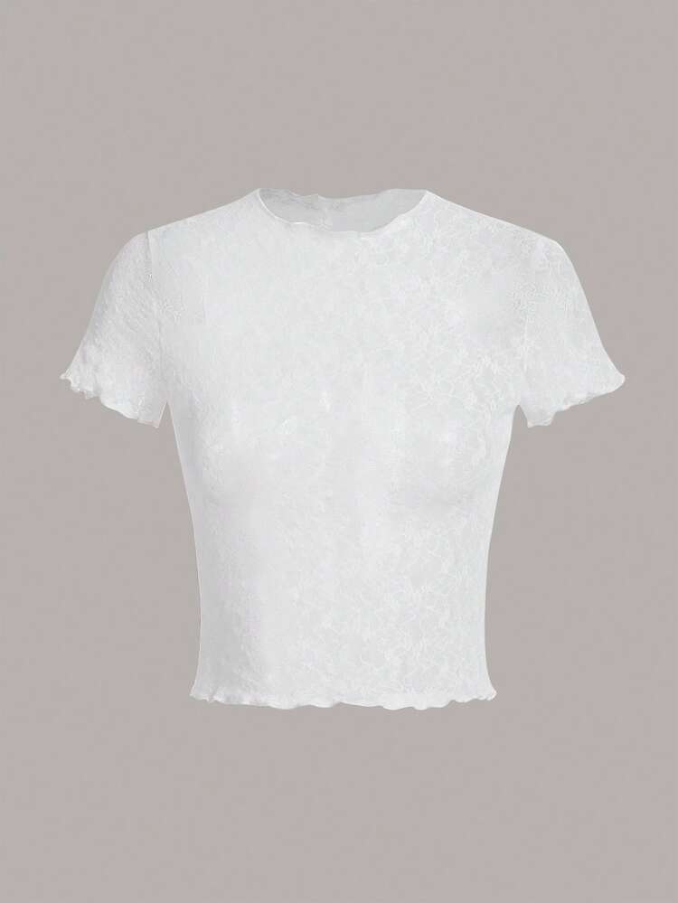SHEIN Qutie 木耳邊薄透蕾絲上衣不附抹胸 - 白色 - 查看 1