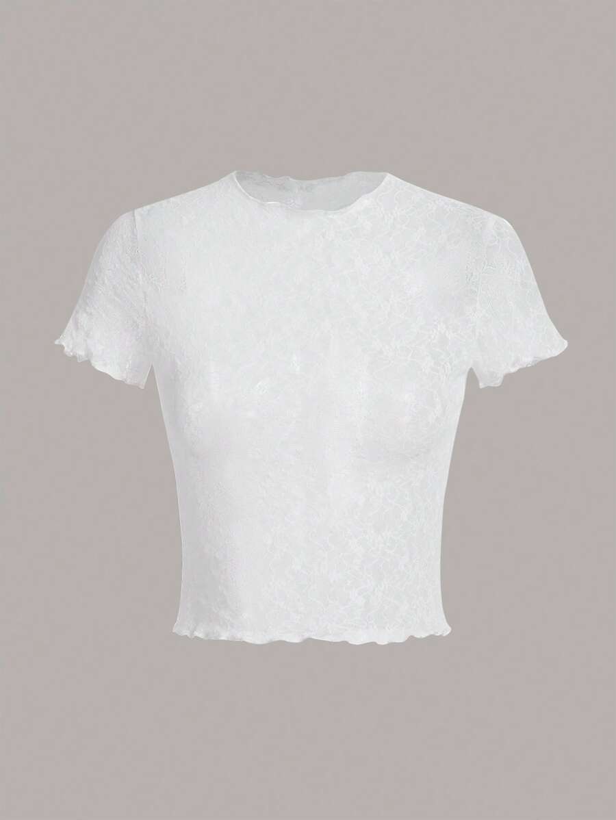SHEIN Qutie Lettuce Trim Sheer Lace Top Without Tube Top - White - View 1