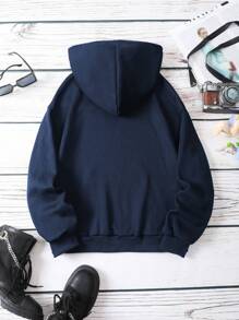 SHEIN EZwear Đồ họa Chữ cái Túi kangaroo Dây rút Áo hoodie ấm áp - Màu xanh hải quân - Xem 2