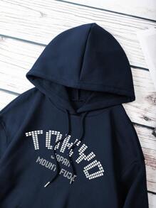 SHEIN EZwear Đồ họa Chữ cái Túi kangaroo Dây rút Áo hoodie ấm áp - Màu xanh hải quân - Xem 3