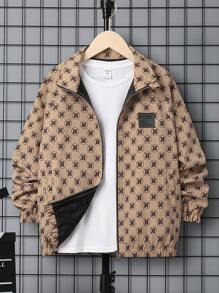 SHEIN 休閒貼布 口袋 拉鍊幾何 字母男童（大）夾克 - 咖啡棕 - 查看 1