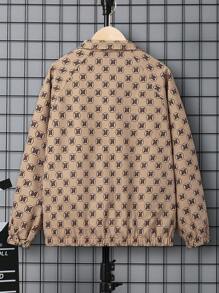 SHEIN 休閒貼布 口袋 拉鍊幾何 字母男童（大）夾克 - 咖啡棕 - 查看 2