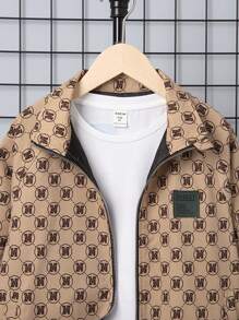 SHEIN 休閒貼布 口袋 拉鍊幾何 字母男童（大）夾克 - 咖啡棕 - 查看 3